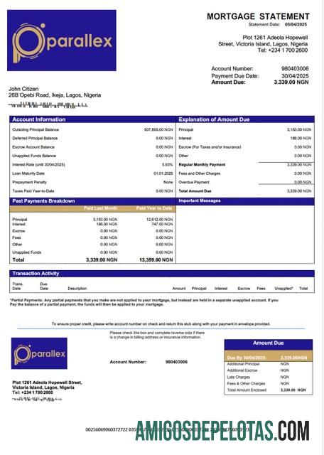 realista Modelo Word e PDF de declaração de hipoteca do Banco Parallex da Nigéria